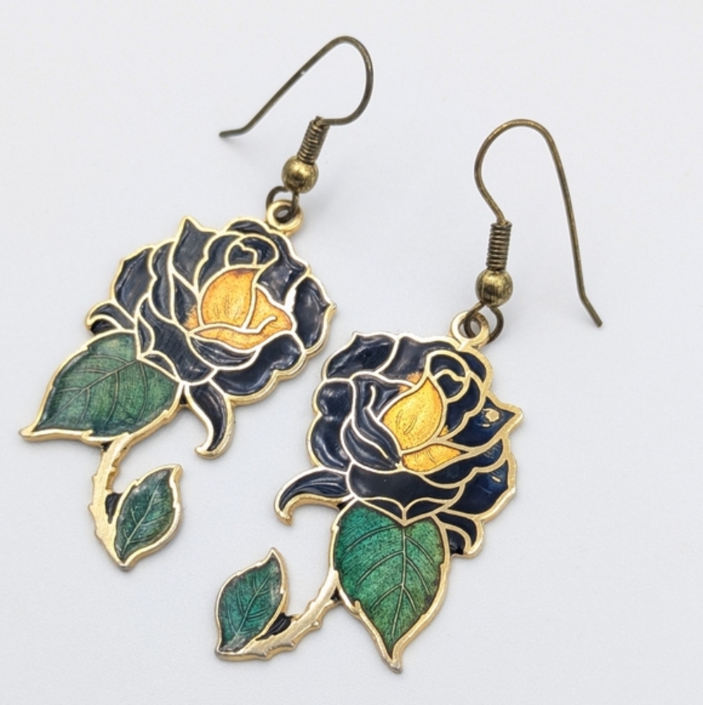 Vintage dangle earrings enamel blue and green rose flowers